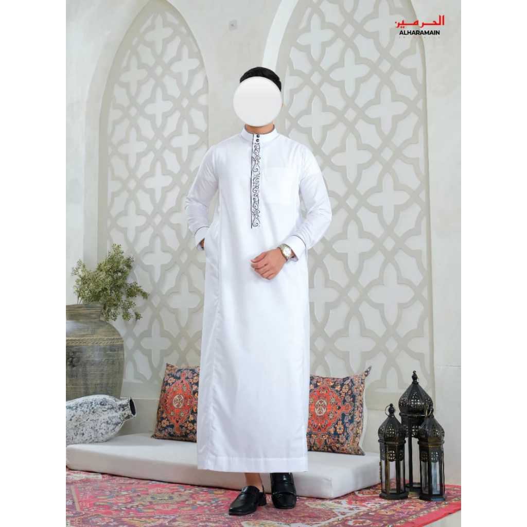 LGH 007 GAMIS JUBAH AL HARAMAIN PREMIUM BAHAN KATUN BORDIR EDISI PUTIH PRIA DEWASA