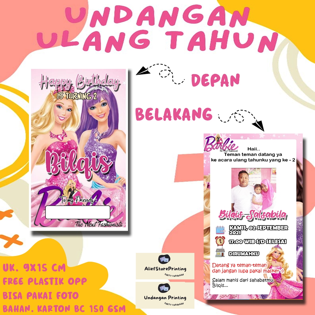 Undangan ulang tahun BARBIE ( 30 pcs / 50 pcs )  Undangan Ulang tahun anak Undangan kartun anak Ulan