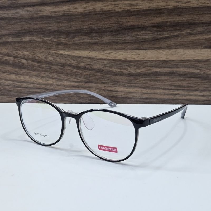 frame kacamata pria wanita bulat bahan plastik TR90 hashtag H557 C859 53 hitam abu original