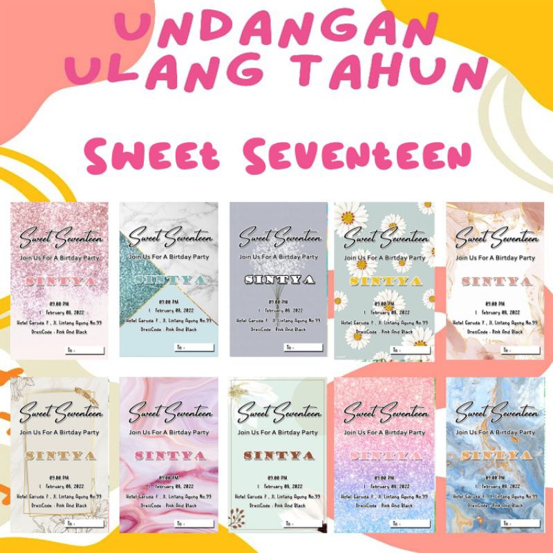 Undangan Sweet Seventeen ( isi 50 Lembar ) Undangan Ulang tahun anak Undangan kartun anak Ulang tahu