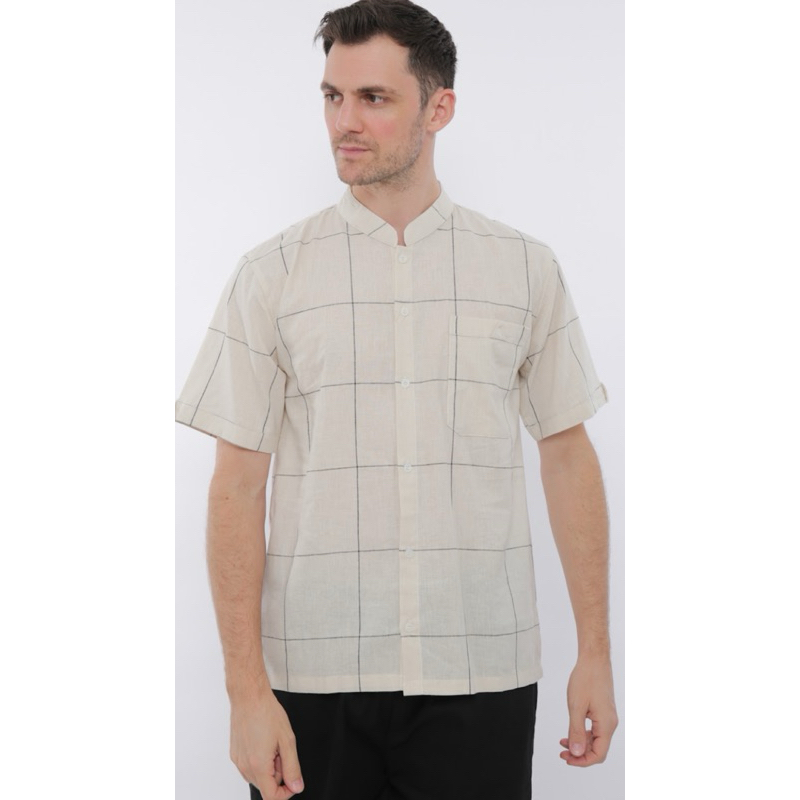 Kemeja koko motif kotak bahan katun linen premium