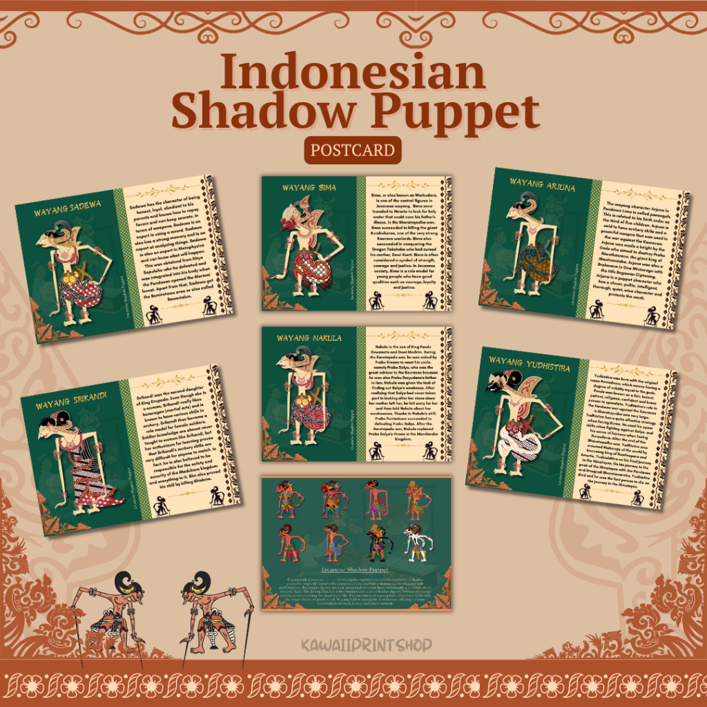 

Wayang Postcard | Indonesian Traditional Shadow Puppet Postcard | Kartupos Wayang Indonesia Jawa | Kartupos Postcrossing Wayang Sadewa Arjuna Srikandi Nakula Bima Yudhistira