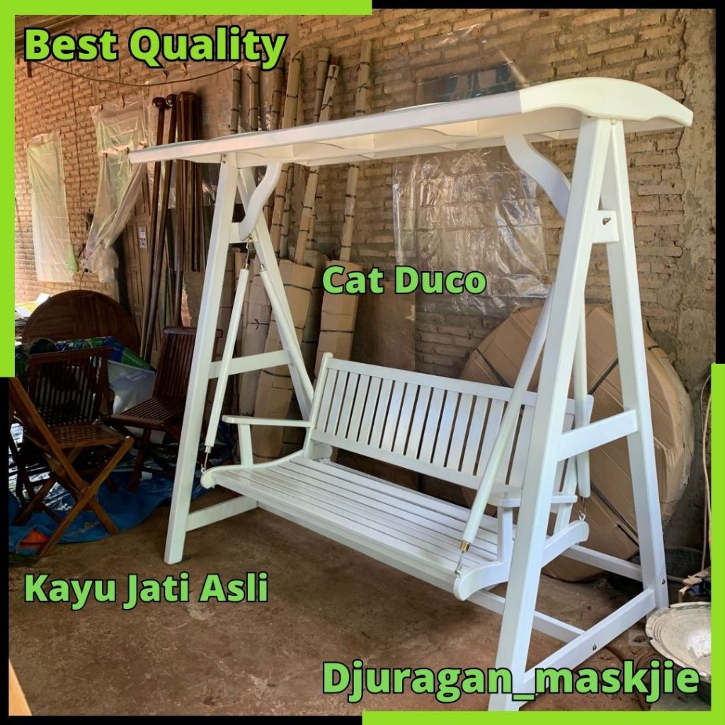 Kursi Ayunan Kayu jati Gantung kanopi Teras Outdoor finishing cat duco putih Model Minimalis Produk 