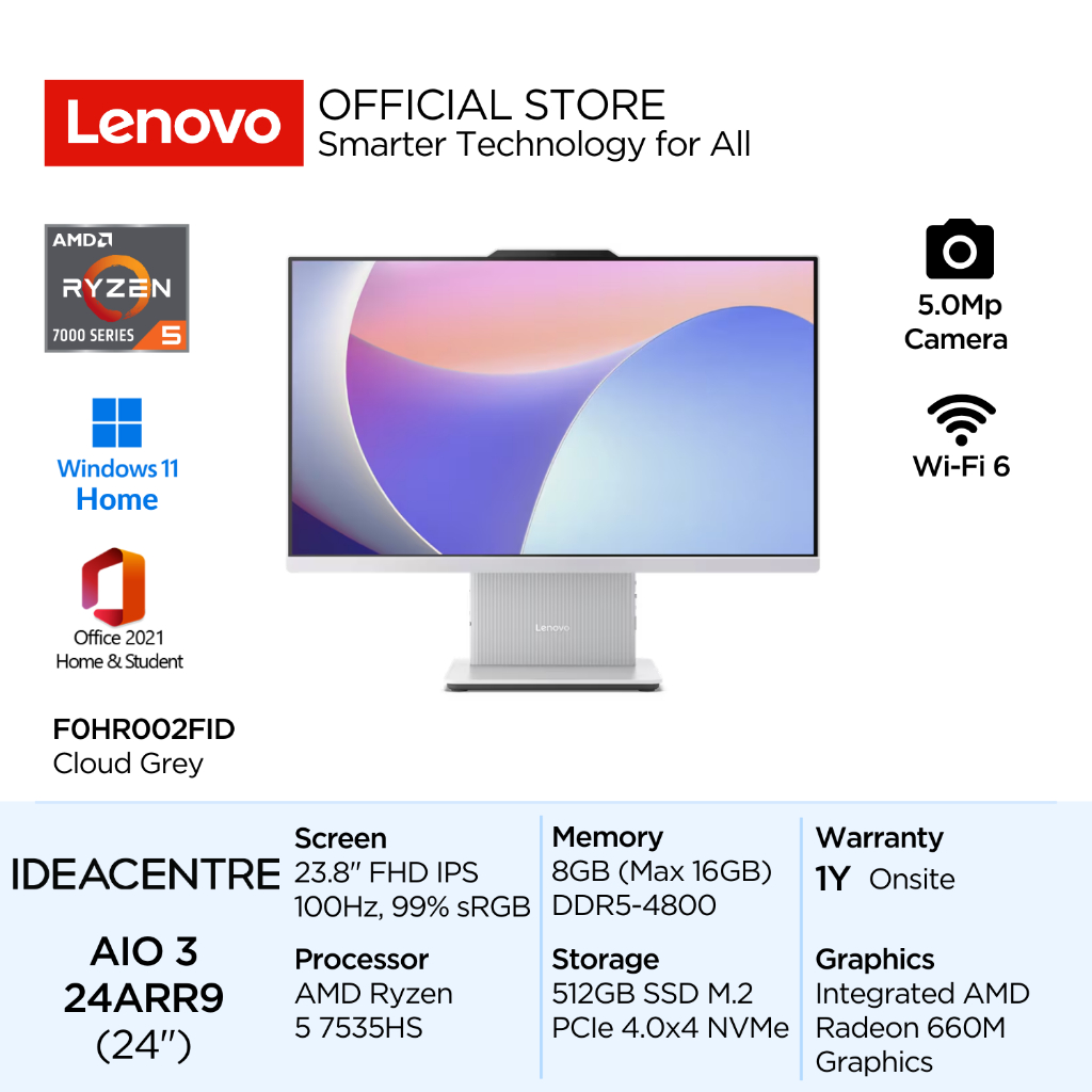 Lenovo PC IdeaCentre AIO 3 24ARR9 AMD Ryzen 5 7535HS Win11 8GB 512GB SSD 23.8" FHD IPS Integrated Ra