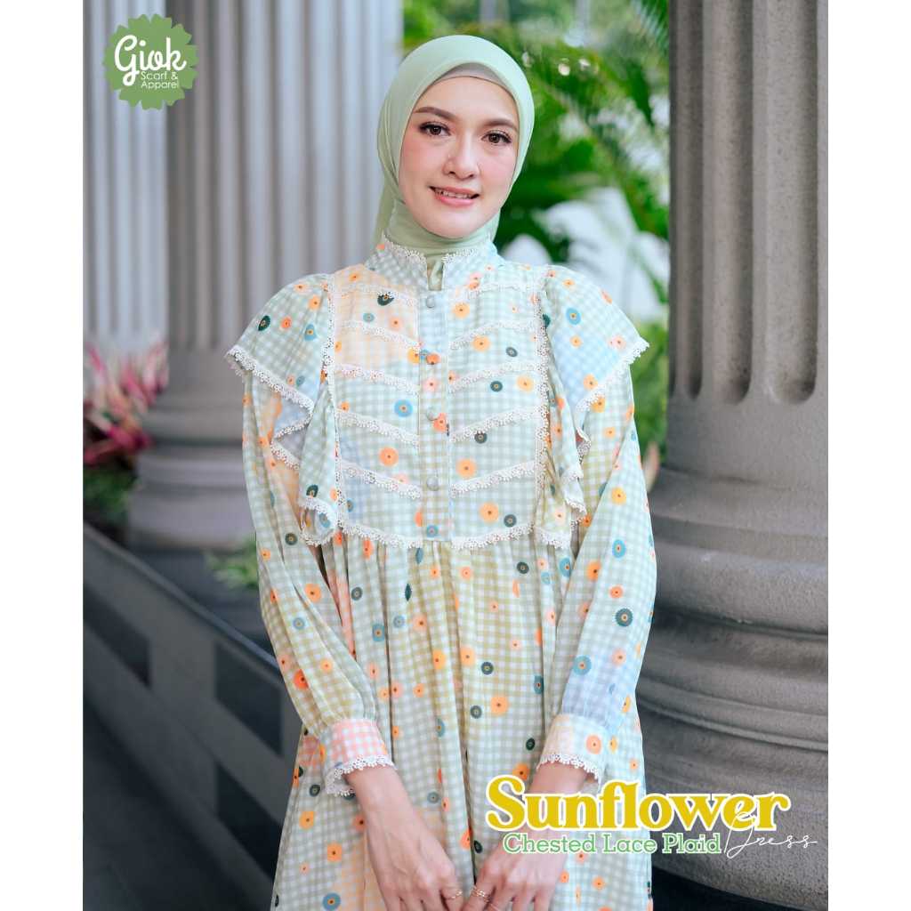Sunflower Chested Lace Plaid Dress by Giok Apparel - Dress lebaran printing gamis lebaran