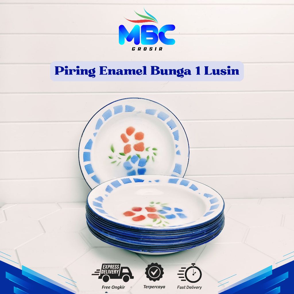 ( 1 Lusin ) Piring Enamel Jadul Motif Bunga / Piring Seng Enamel Ukuran 22&20cm