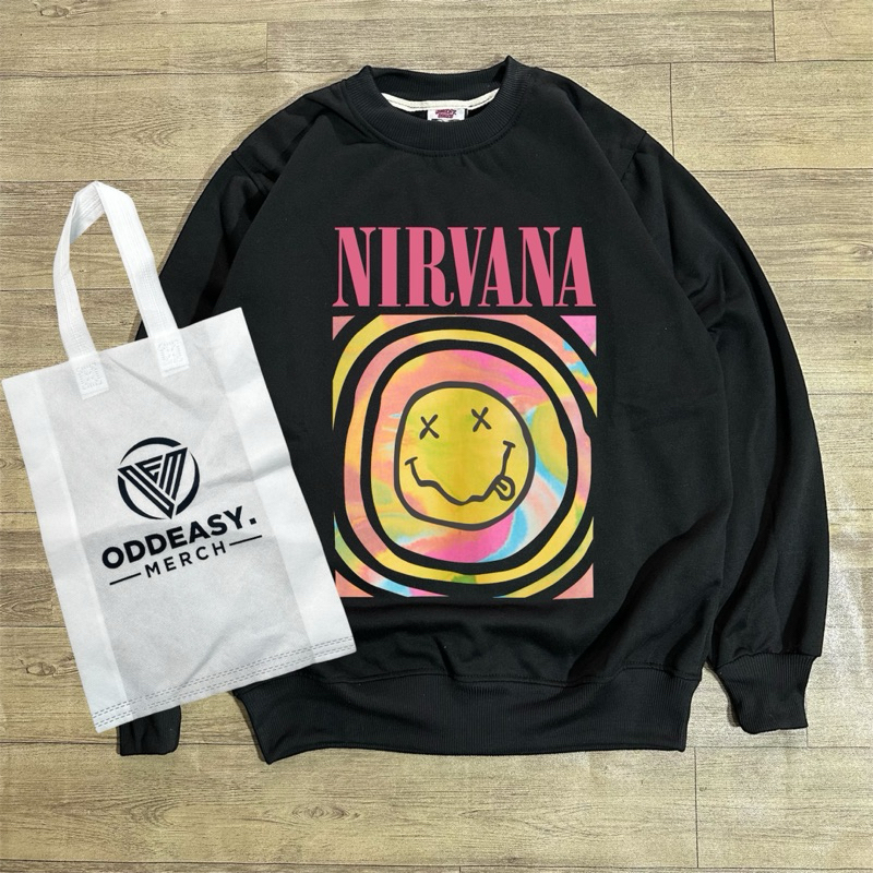 crewneck sweater Nirvana Rainbow smile free bag Digital Logo Panjang Sablon Tebal Pria Wanita Fleece