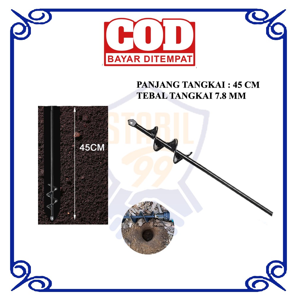 Mata Bor Gali Tanah Tangkai Pelubang Mixer Tanam Kebun Gagang Spiral 45 cm