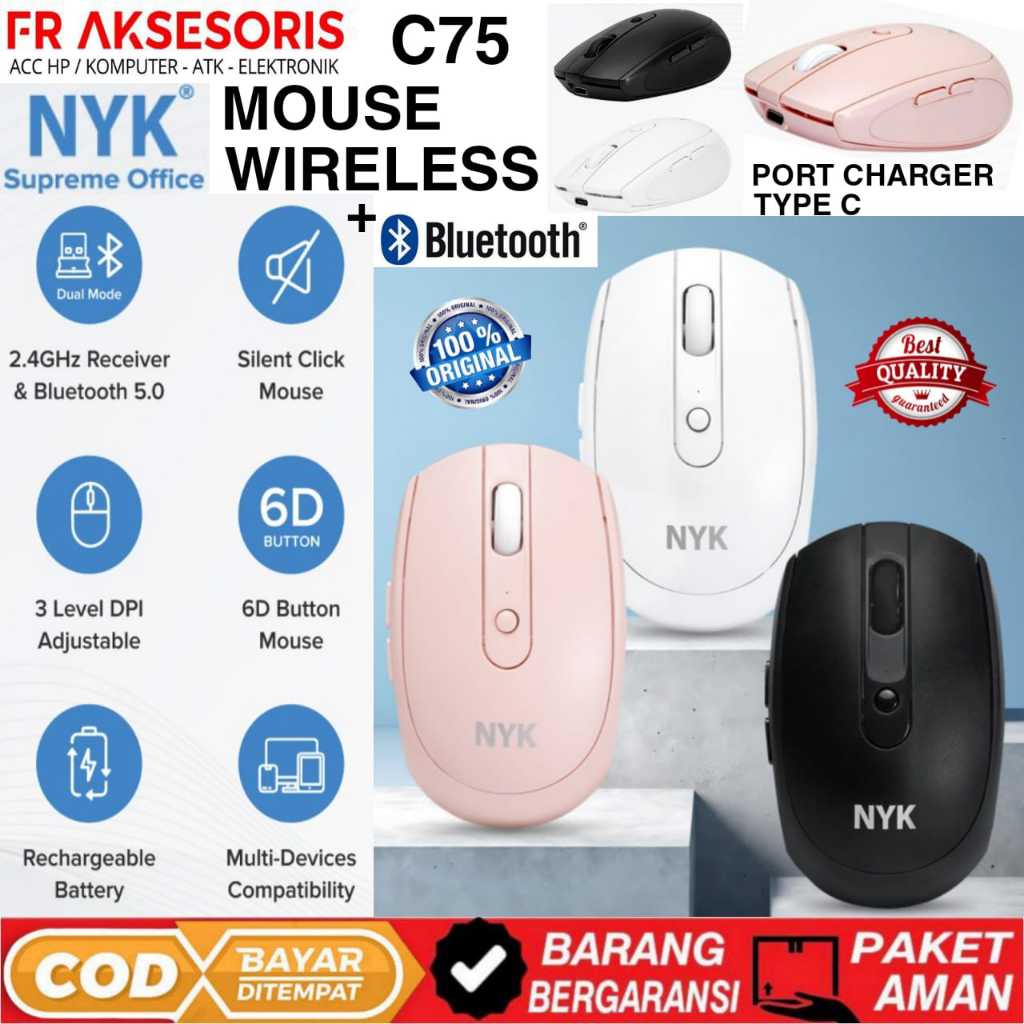 Mouse NYK C75 Silent Click Dual Mode Bluetooth Wireless Rechargeable TYPE C BATERAI CHARGER MOUSE WI