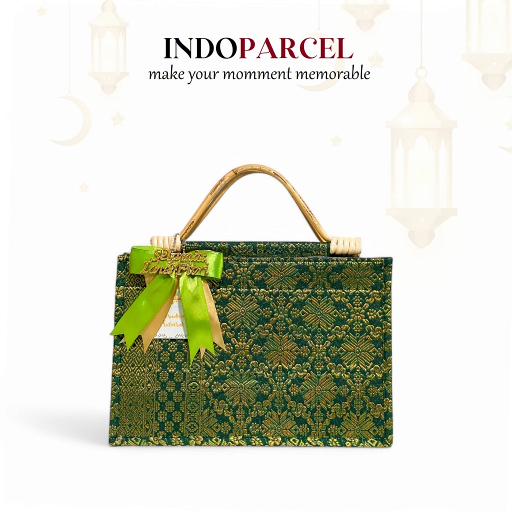

RB INDOPARCEL - Tas Hampers Lebaran Kain Songket Handle Rotan Bungkus Kemasan Tas Kado Goodie Bag
