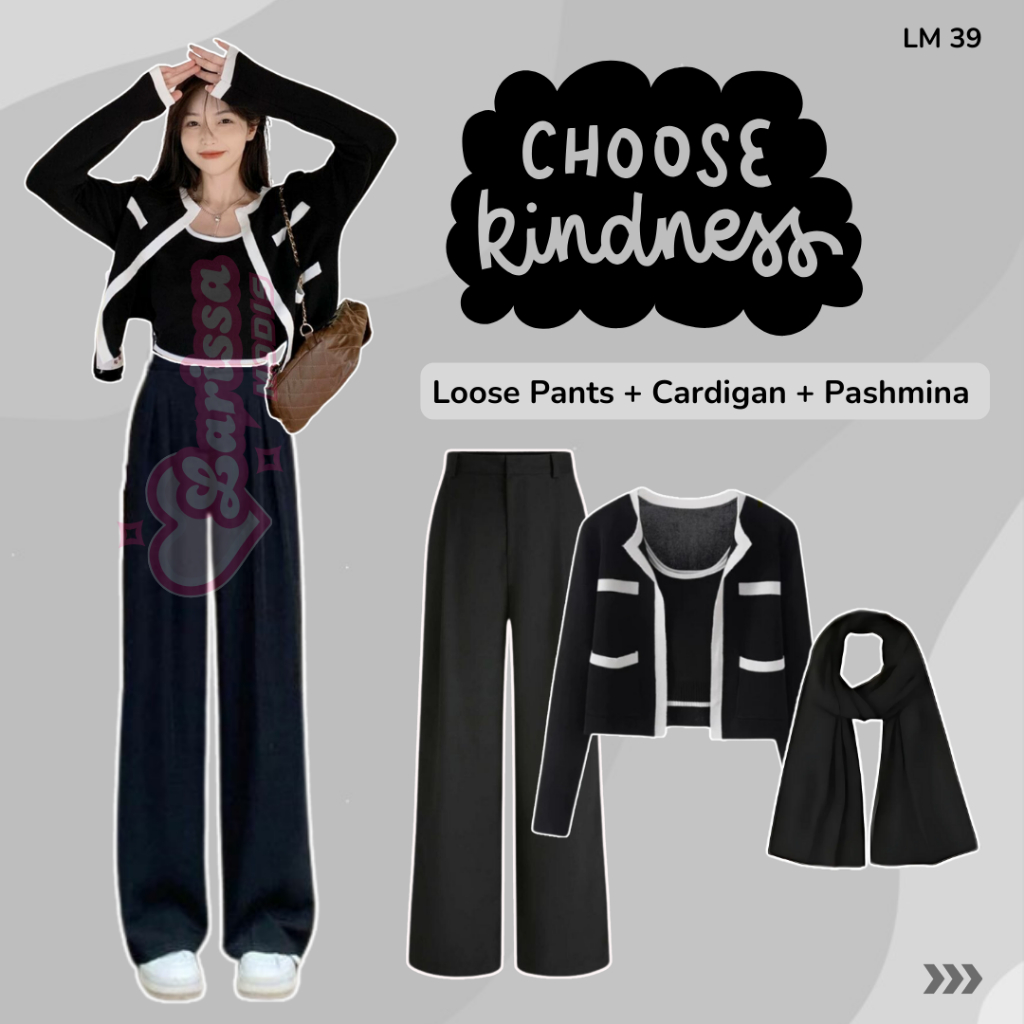 Outfit Skena Cewe Hijab Setelan Cardigan Rajut Loose Pants Wanita Pashmina Jersey Fiona LM39