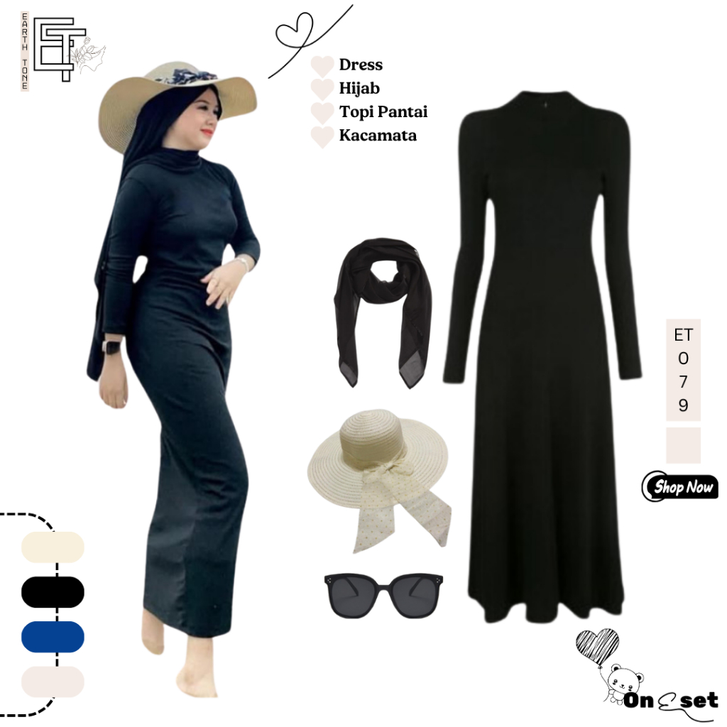 Baju Pantai Wanita Hijab - Dress Knit + Hijab Segi Empat + Topi Pantai + Kacamata Hitam [ET079]