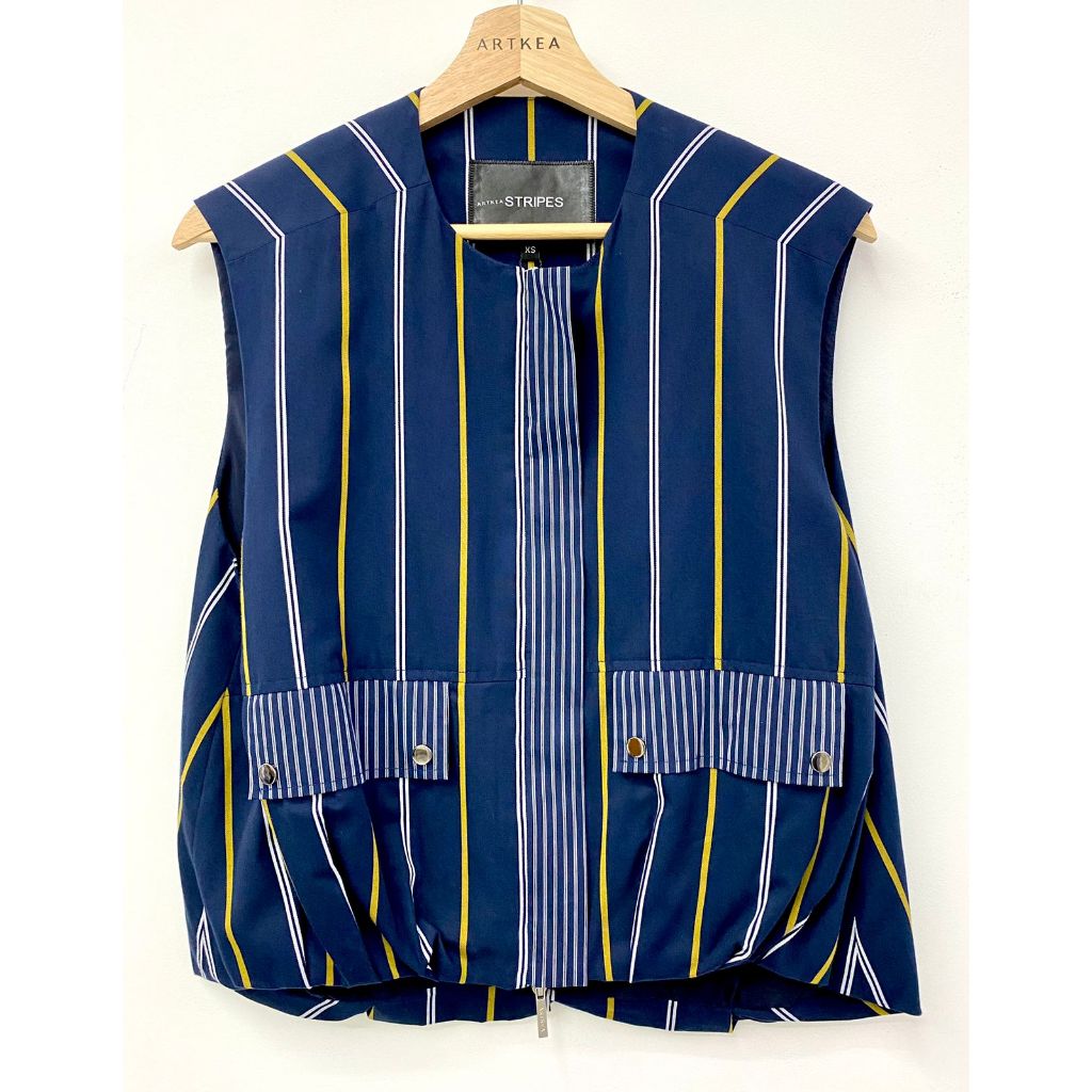 Navy Multicolor Line Volume Jacket Vest - Ukuran XS - ARTKEA Stripes for GADIS Special Sale