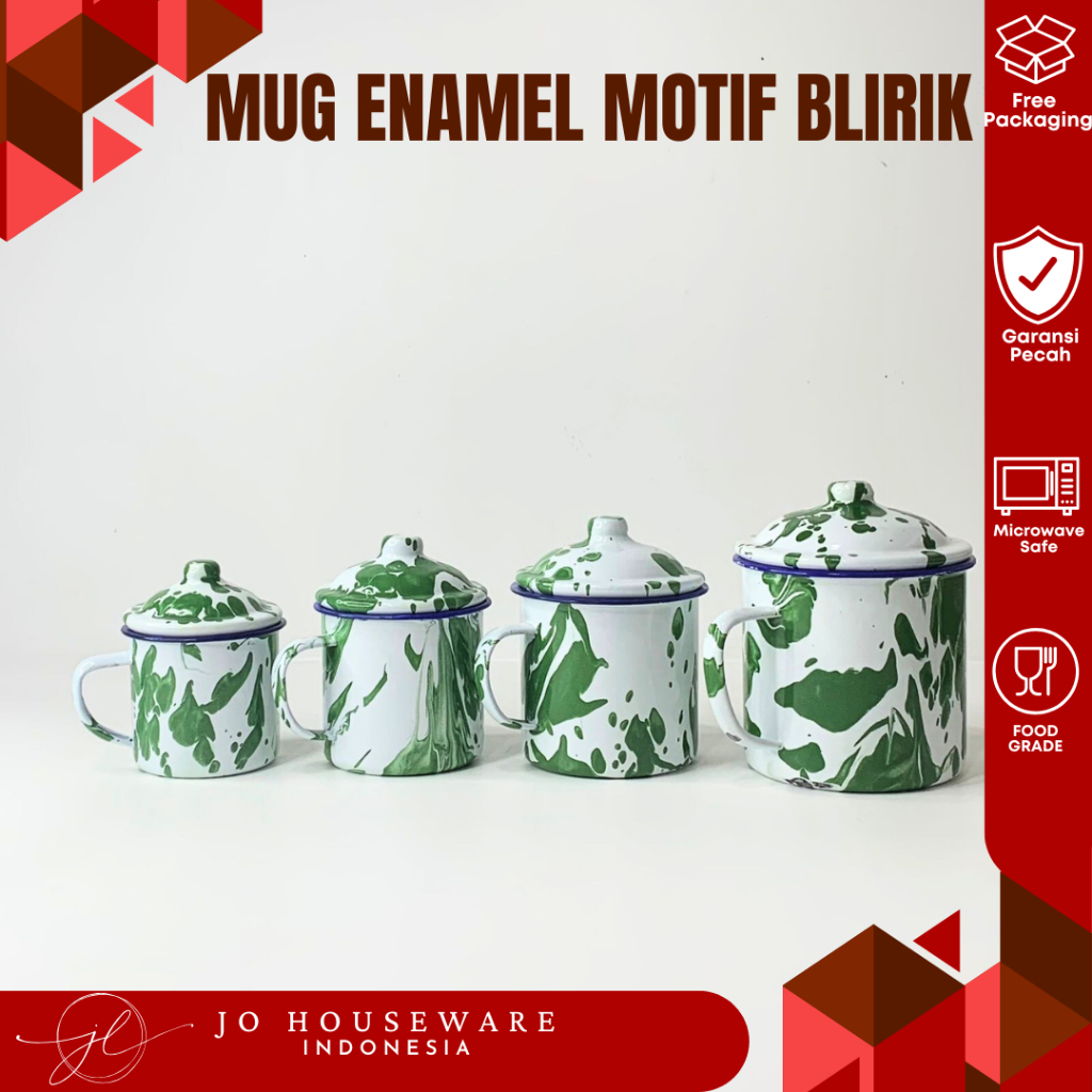 TEBUS MURAH Mug enamel jadoel + tutup motif hijau blirik cangkir enamel seng
