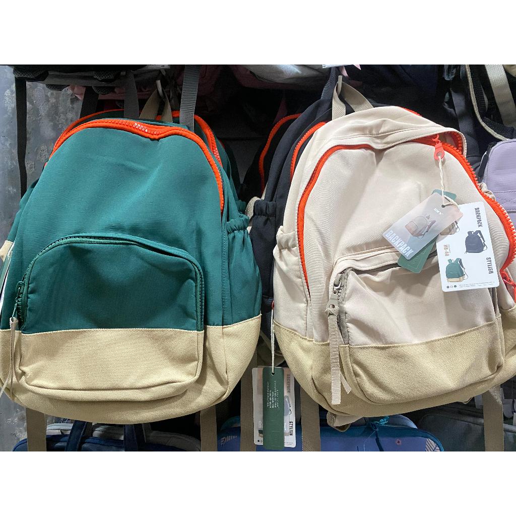 Backpack Tas Sekolah Ransel Anak Sekolah Kuliah Pria Wanita Warna Netral Hijau Cream Hitam
