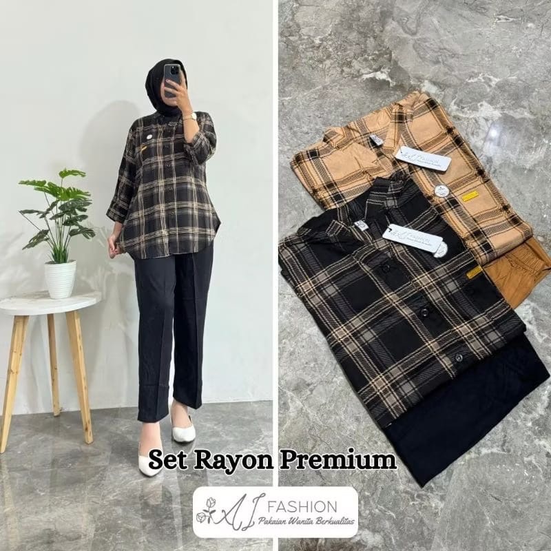 Set Rayon Premium Kemeja Kotak-Kotak Wanita Terbaru
