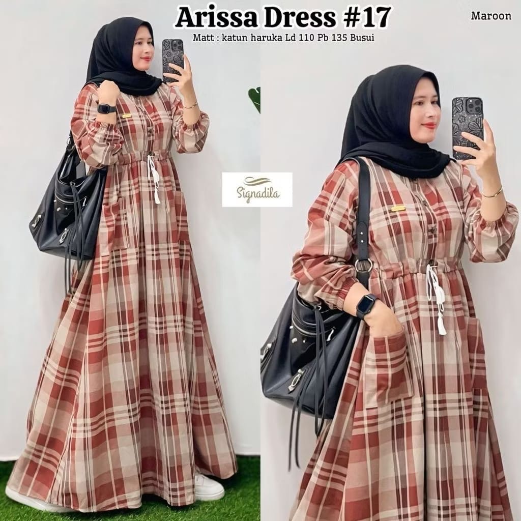 Arissa Dress Busui Gamis Kotak Kotak Bermotif Garis Muslim