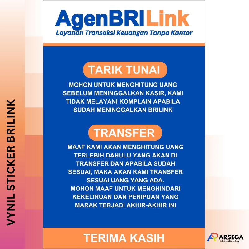 

ARSEGA PRINTING - Sticker Vinyl Pengumuman BRILINK Anti Air Pembayaran Stiker Vinyl