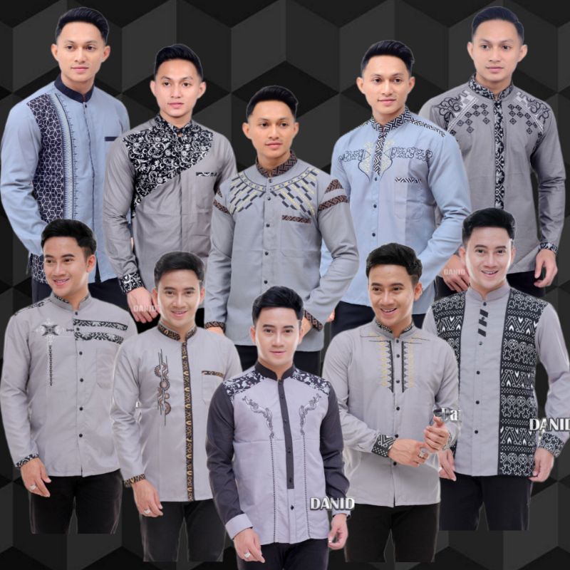 Kemeja Baju Koko Pria Lengan Panjang Warna Abu-abu / Grey Kombinasi Bordir Batik Baju Kemko Lebaran 