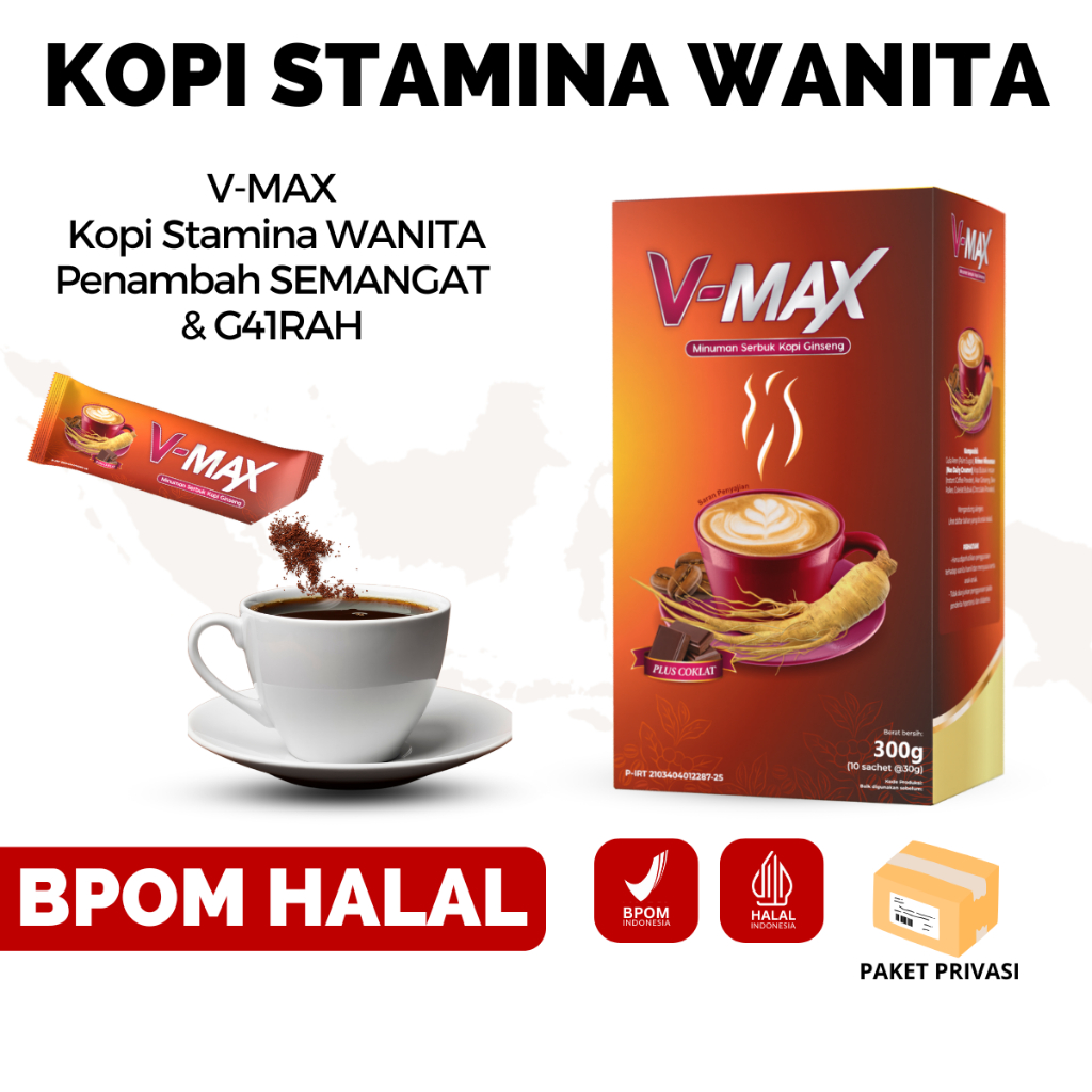 

V-Max Kopi Penambah Stamina Wanita & Daya Tahan Wanita - Kopi Ginseng Plus Coklat HALAL BPOM