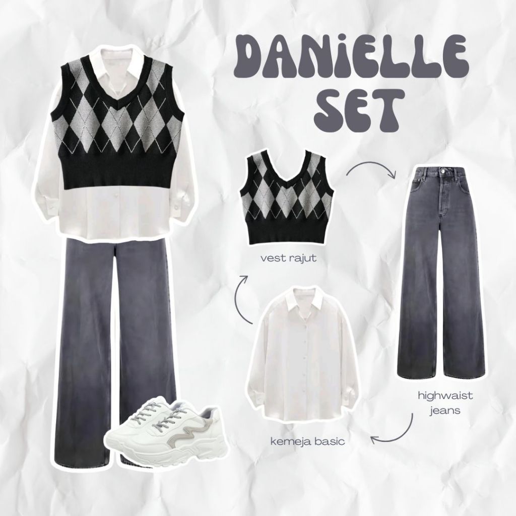 3in1 One Set Korean Style | Vest Kotak Kemeja Putih Jeans Highwaist | Outfit Wanita Simple | FS05