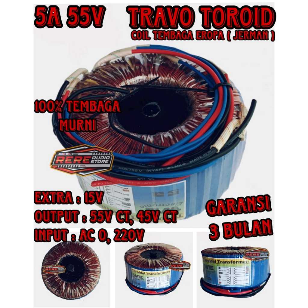 Trafo Donat Toroid 5A Big / Travo Teroid 5 Amper Besar CT 55V 45V Tembaga Murni HELENIC Jerman