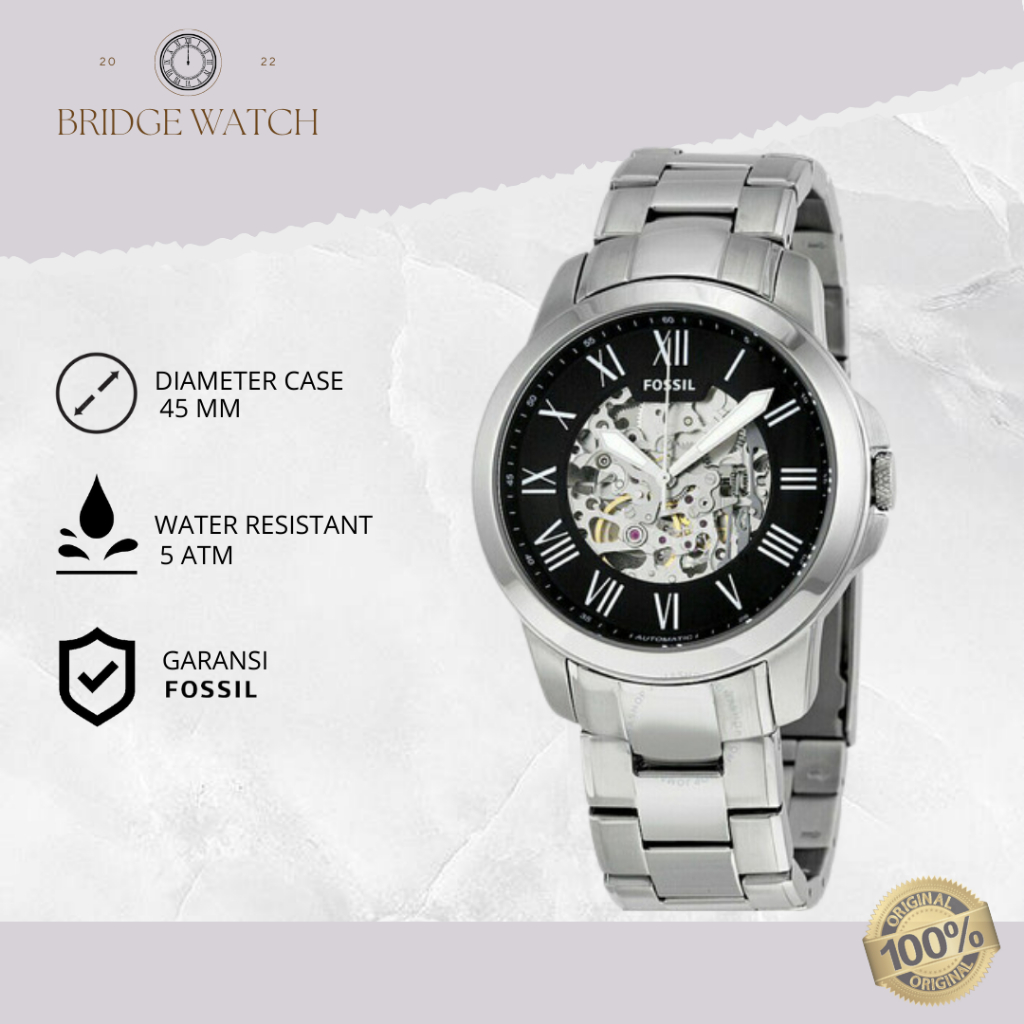 Jam Tangan Fossil Grant Automatic Pria Analog Silver Stainless Steel Mewah Sporty Original ME3103