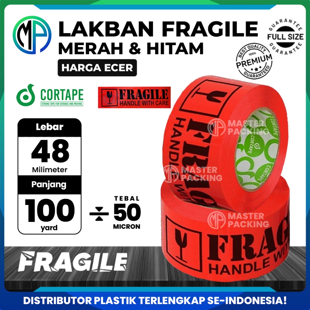 

Lakban / Selotip / OPP Tape Printing Fragile Hitam Merah Rusfet 2inch 48mm x 100meter harag Satuan