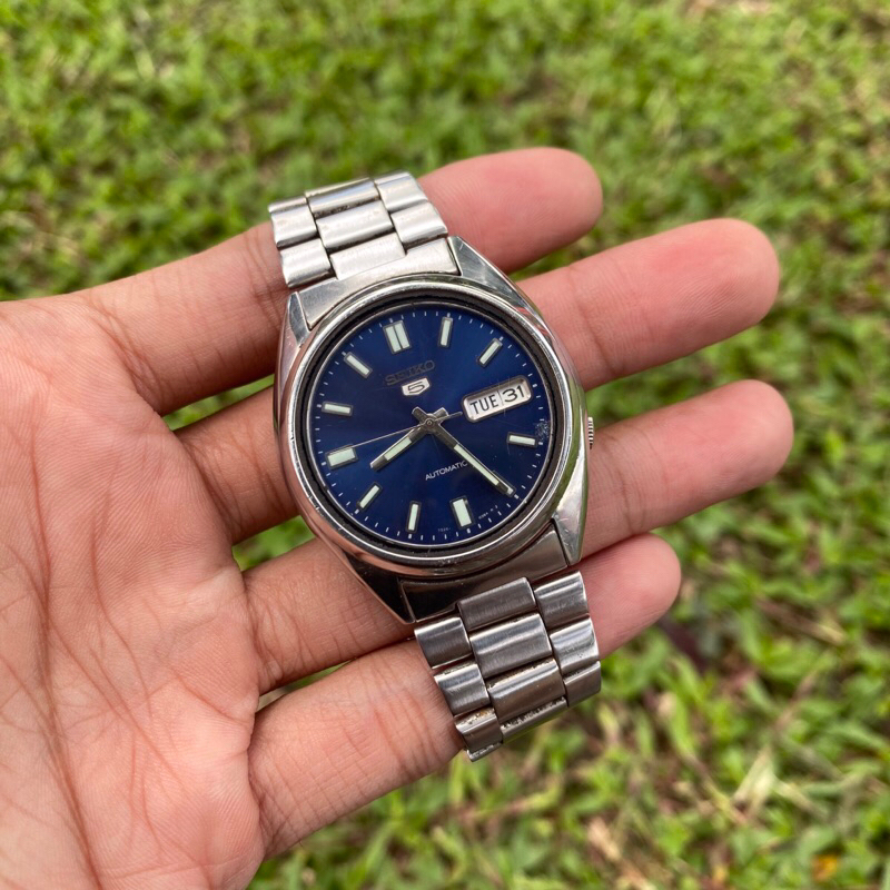 Jam tangan Seiko 5 Blue Dial Automatic japan vintage back Case kaca transparant pria jadul kuno anti