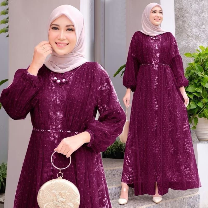 Janika - gamis dress import premium brukat tile mutiara  full puring Busui jumbo S M L XL XXL tali p