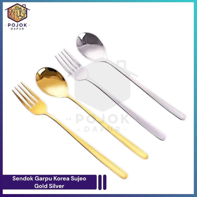 Sendok Garpu Korea Sujeo Gold Silver / Alat Makan Korean Panjang Spoon Fork / Sendok Garpu Tebal Vir