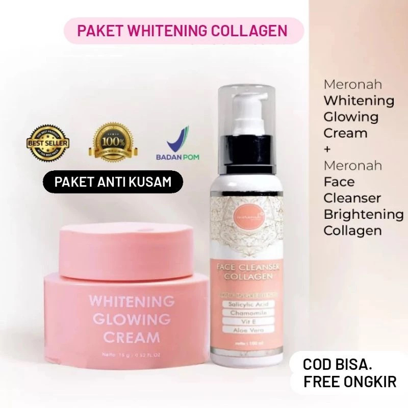 PAKET WAJAH COLLAGEN MERONAH WHITENING GLOWING CREAM  MERONAH  (SABUN WAJAH COLLAGEN & CREAM MERONAH