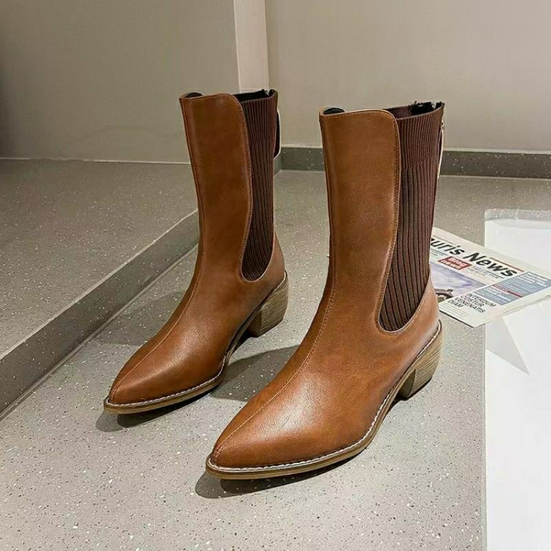 Sepatu Boots Retro Kulit Sintetis Knit Coklat Wanita Kerja Korea Sebetis B49