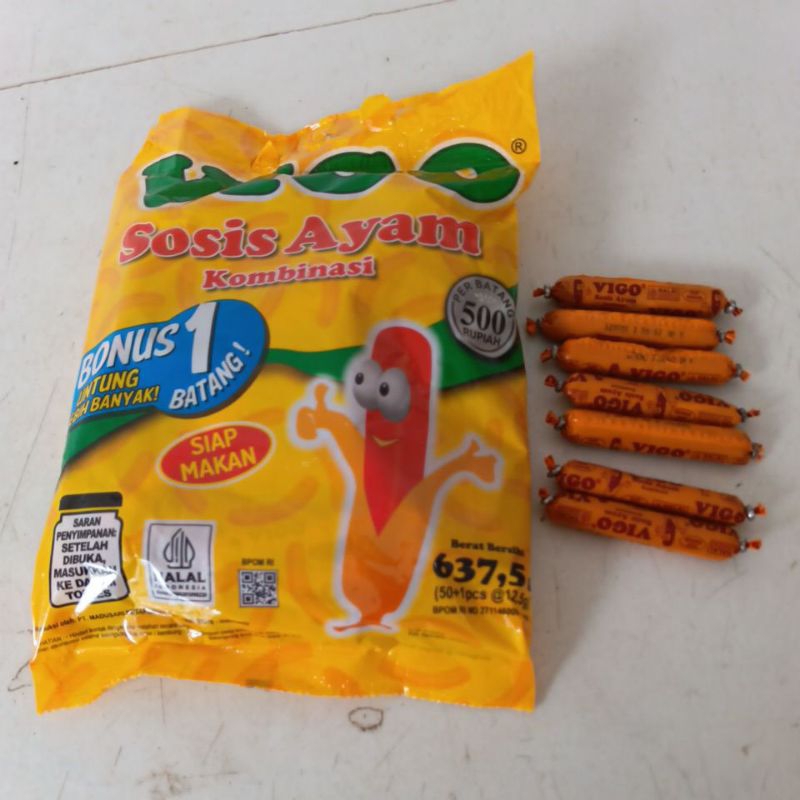 

VIGO Sosis Ayam Kombinasi Rasa Ayam,@13gram,bisa langsung Makan,(aman di luar kulkas)beli 15bj, harga cuma750, Minimall pembelian 12 bj, baru kami proses ya