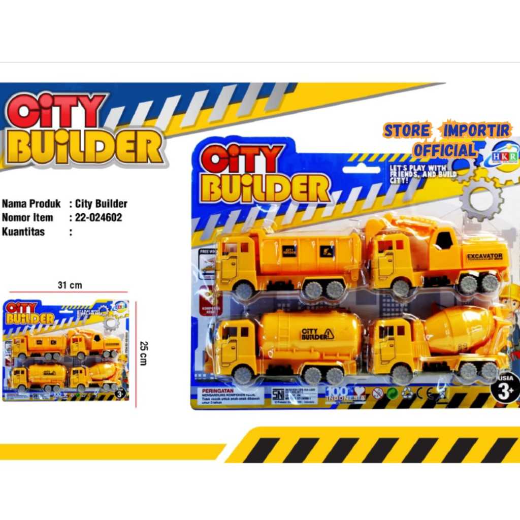 2 Variasi 024602 | Mainan Mobil Truck Proyek Isi 4 City Builder Truk Molen Beko Tangki Orange | Main