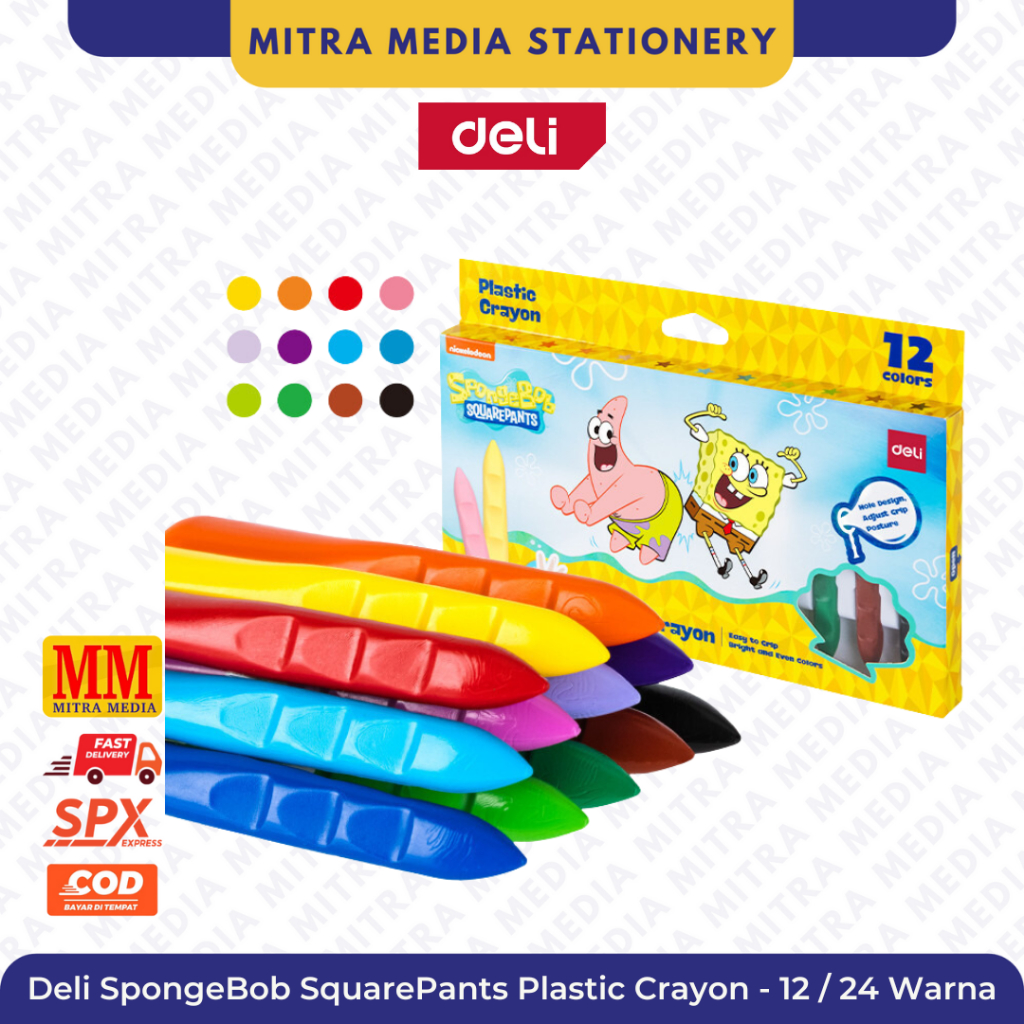 

Deli Plastic Crayon SpongeBob 12 / 24 Warna Waterproof Coating / Oil Pastel EC220 / Krayon