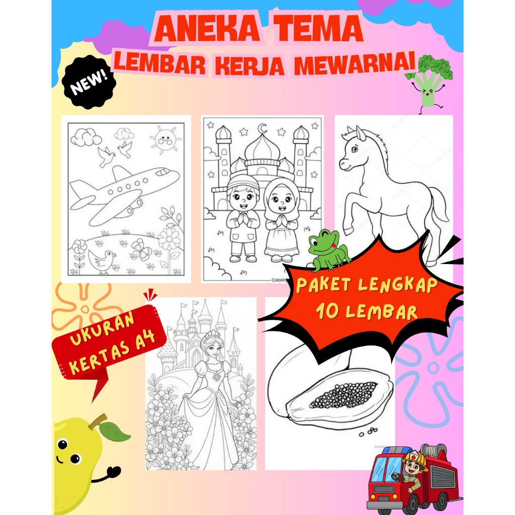 

KERTAS MEWARNAI, WORKSHEET MEWARNAI ANAK, TEMA HEWAN,KENDARAAN,BUAH,ISLAMI,PRINCESS,KODE WARNA,UKURAN A4, UNTUK ANAK TK SAMPAI SD