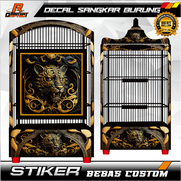 STICKER DECAL SANGKAR harimau gold /KANDANG BURUNG KOTAK STIKER UKURAN BESAR KECIL NO 1 2 3 UNTUK KA