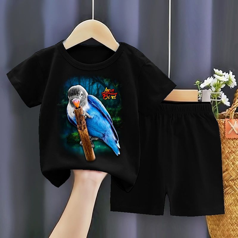 SETELAN HITAM ANAK MOTIF BURUNG LB LOV BIRD KEPALA ABU BULU BIRU SABLON DTF DIGITAL ONE SET BAJU CEL
