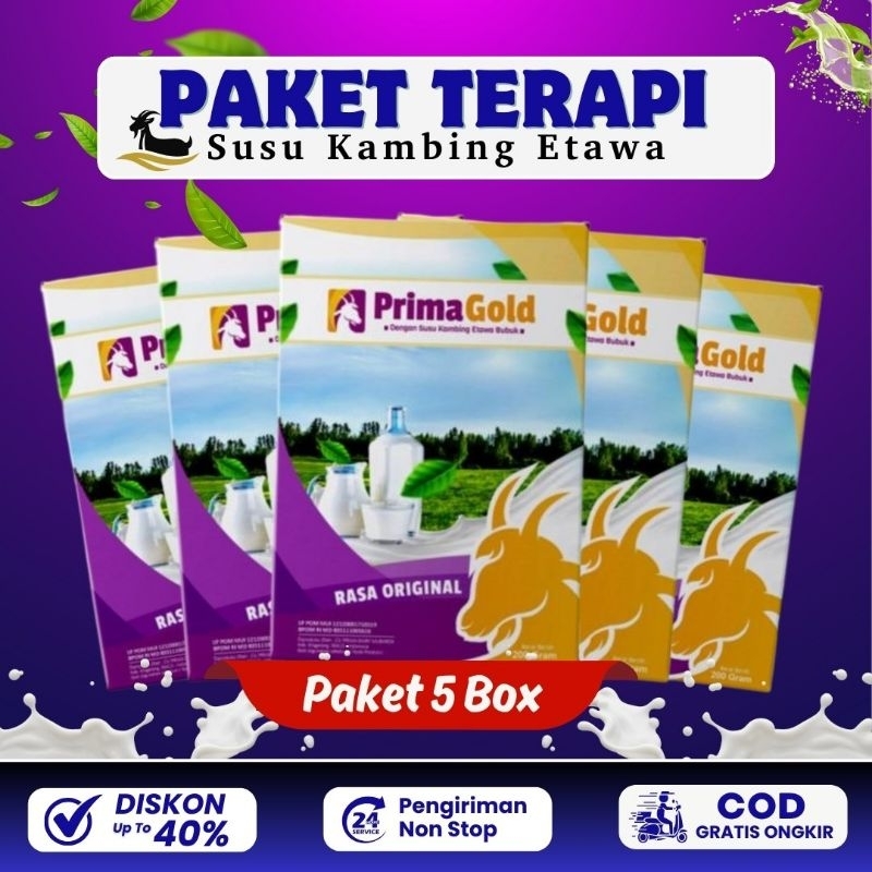 

PAKET 5 BOX PRIMAGOLD/ PRIMA GOLD SUSU KAMBING ETAWA BUBUK ORIGINAL MURAH ATASI SESAK NAFAS NYERI SENDI TULANG LUTUT PUNGGUNG REUMATIK