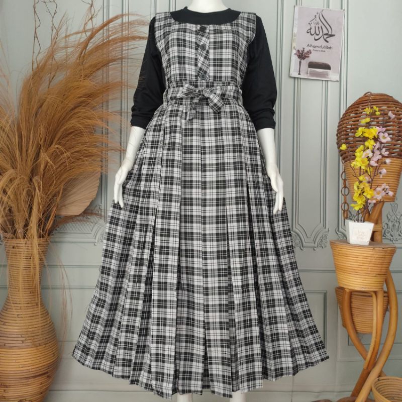 Set Overall Kotak Dewasa Katun Premium dengan Inner Gratis - Linen, Remaja, Casual, Fit, Pesta, Moti