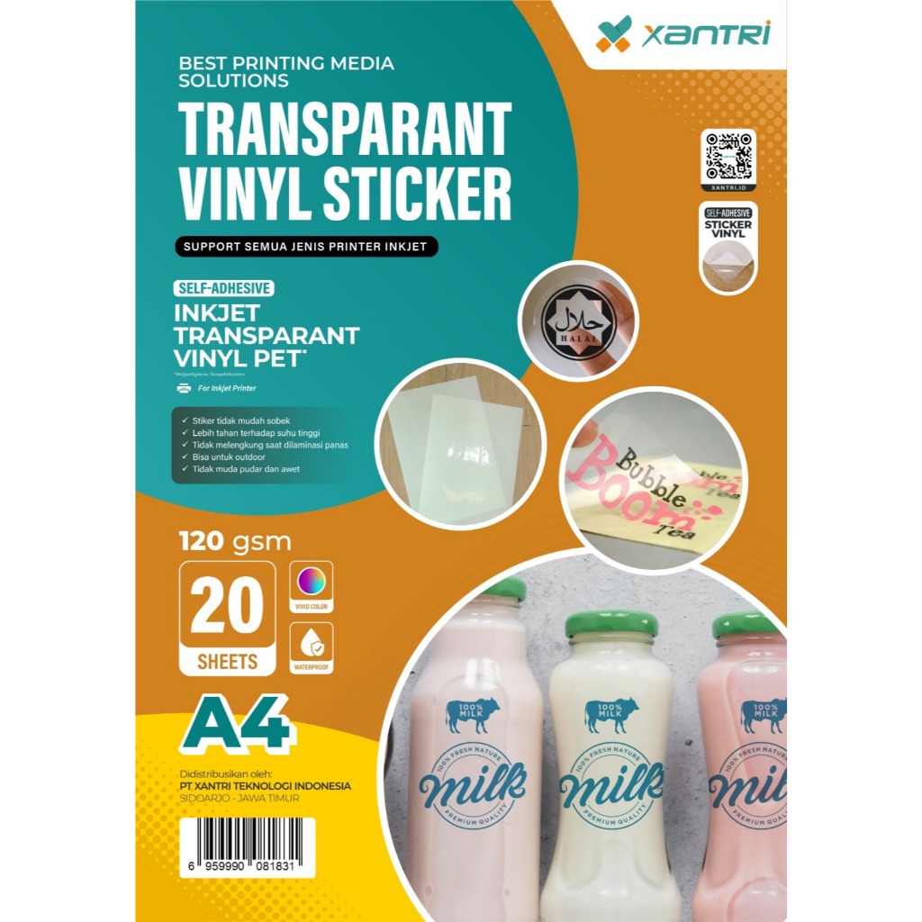 

Xantri - Kertas Stiker Xantri Clear Transparan Anti Air PET 80 Micron isi 20 Lembar Transparent Sticker Paper Waterproof Inkjet A4