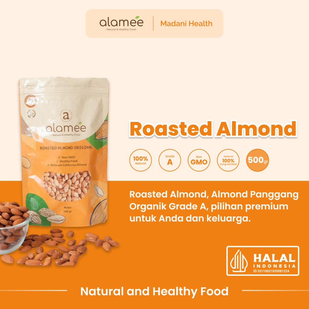 

ALAMEE Kacang Almond Almon Kupas Panggang Premium Roast Roasted Grade A California Oven Siap Makan