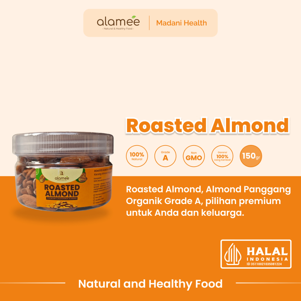 

ALAMEE Kacang Almond Almon Kupas Panggang Premium Roast Roasted Grade A California Oven Siap Makan