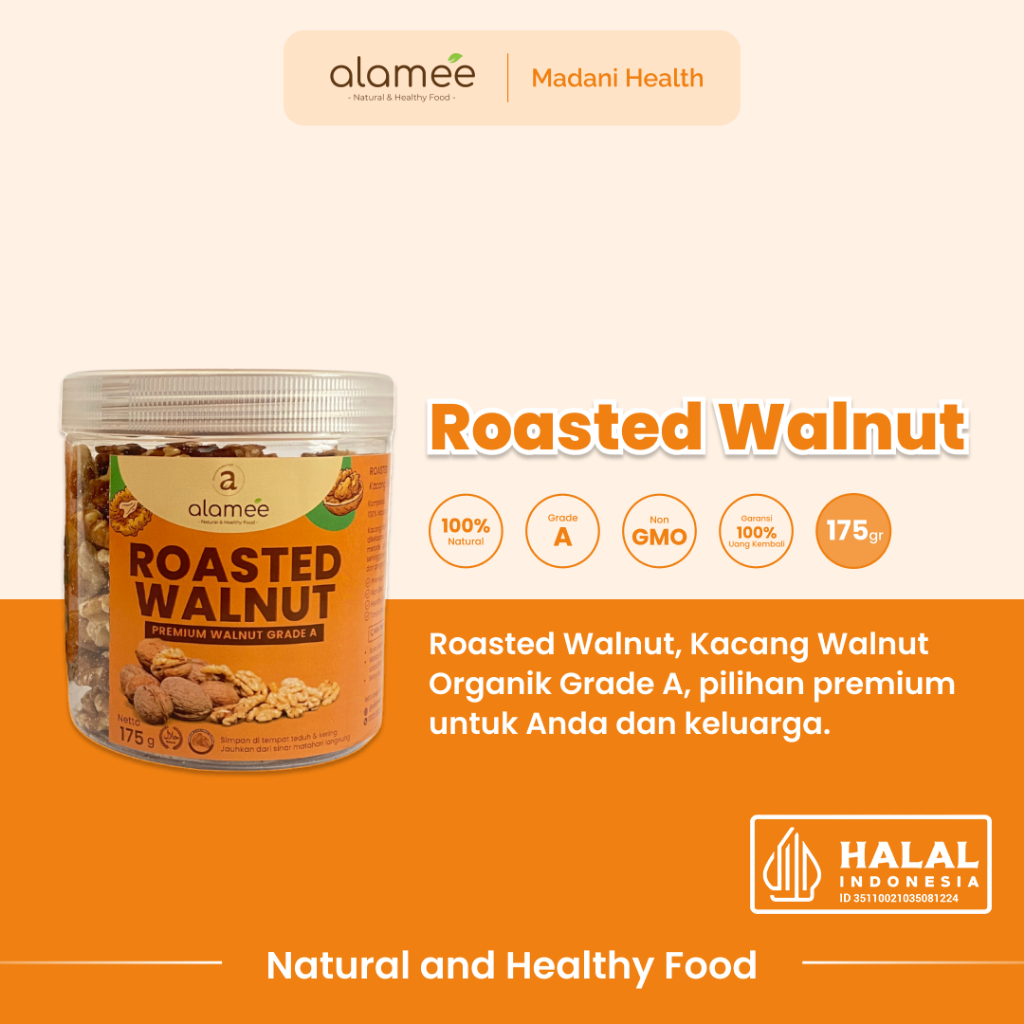 

ALAMEE Roasted Kacang Walnut Kenari Otak Panggang Oven Premium Organik Siap Makan Utuh Cemilan 175g