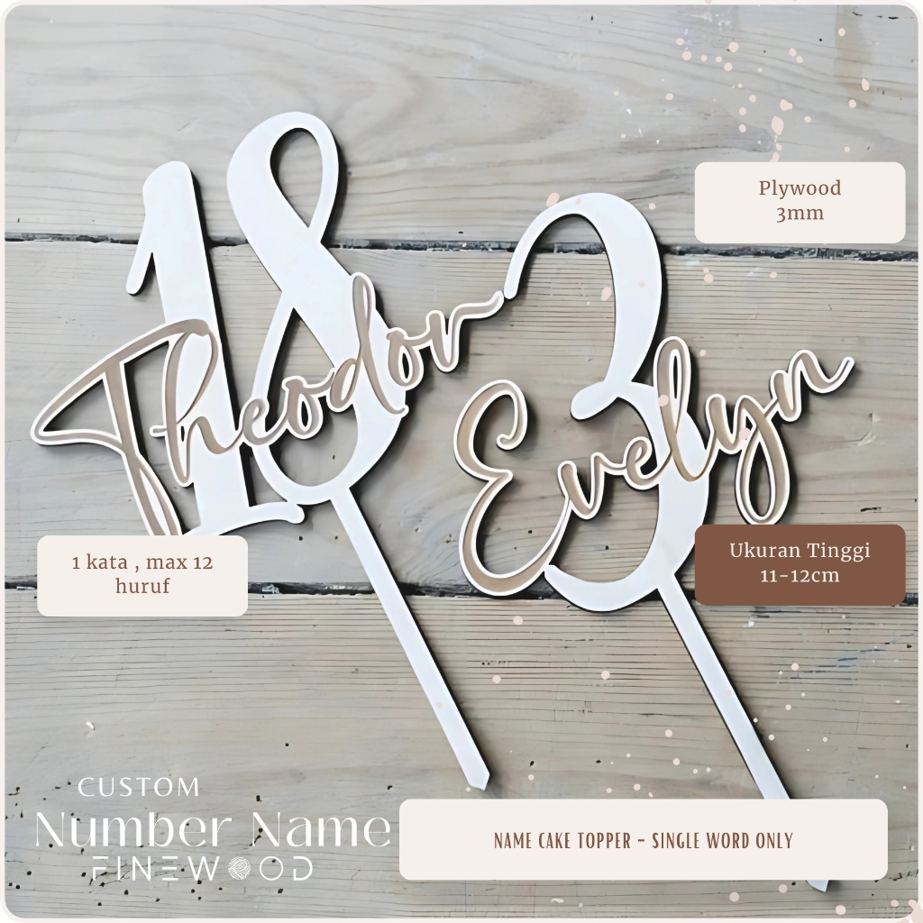 Finewood - Number Cake Topper / Topper Angka dan Huruf Custom / Topper Hiasan Kue Custom