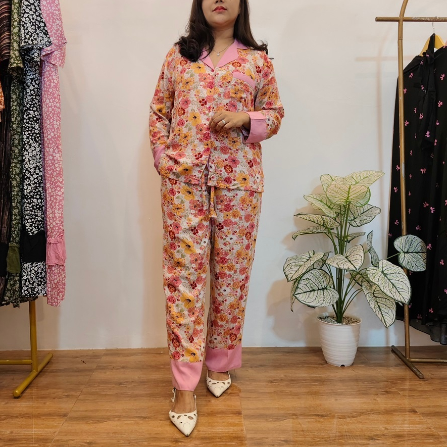 Setelan Kemeja Celana Wanita Bahan Rayon Lengan Panjang, Piyama Rayon Wanita Motif Kekinian,  One Se