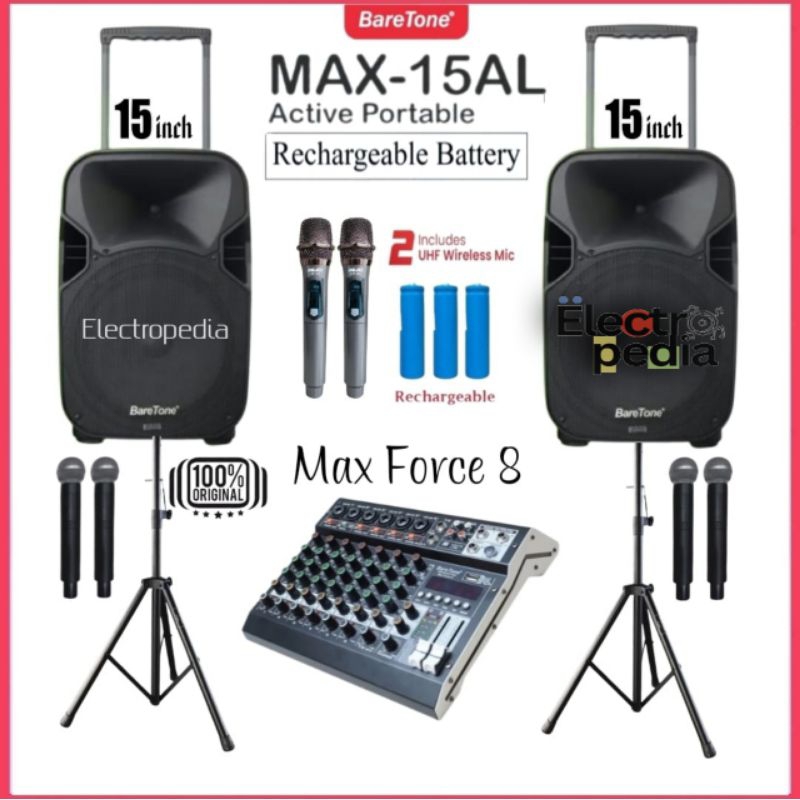 Paket Sound system Karaoke Portable Baretone 15" Max 15AL Mixer 8ch Baretone Max Force 8 Mic Wireles