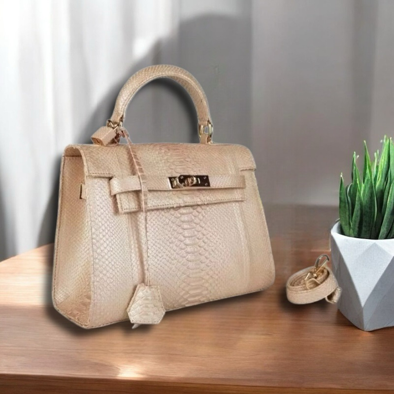 Tas Kulit Ular Piton Asli Wanita Paninta Kelly Phyton Bag Warna Semi Beige