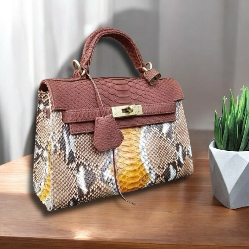 Tas Kulit Ular Piton Asli Wanita Tas Wanita Kulit Ular Variasi Coklat Havana Eksklusif